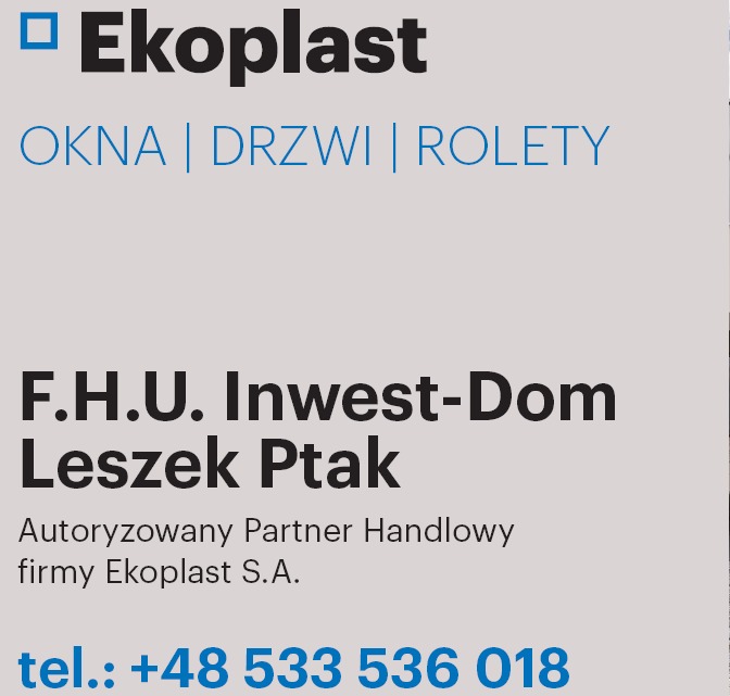 Logo firmy Ekoplast, autoryzowanego partnera handlowego F.H.U. Inwest-Dom Leszek Ptak, oferującej okna, drzwi i rolety, z numerem telefonu +48 533 536 018.
