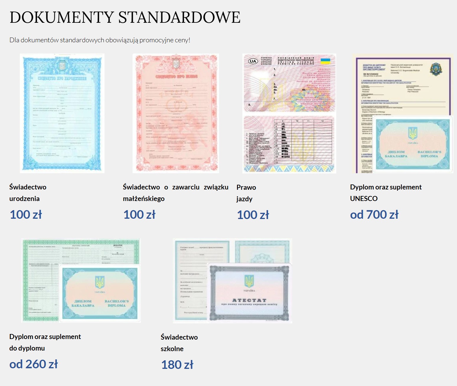 Zestawienie standardowych dokumentów ukraińskich: akt urodzenia, ślubu, prawo jazdy, dyplomy z cenami promocyjnymi.