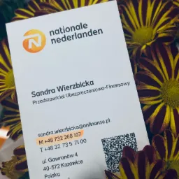 Wizytówka przedstawiciela firmy Nationale Nederlanden, Sandra Wierzbicka, na tle kwiatów. Wizytówka zawiera logo firmy, dane kontaktowe i kod QR.