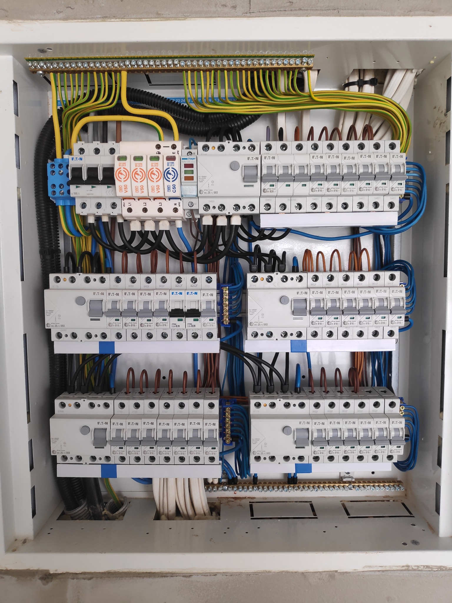 Rozdzielnia elektryczna w obudowie, widoczne liczne bezpieczniki EATON i Hager, przewody w kolorach żółto-zielonym, niebieskim i brązowym, listwy zaciskowe i zabezpieczenia przepięciowe OBO V50.