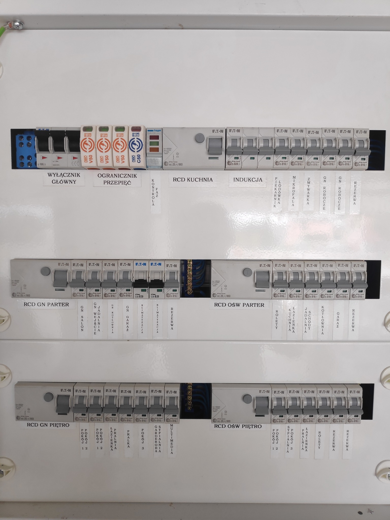 Rozdzielnica elektryczna z zamontowanymi bezpiecznikami i wyłącznikami różnicowoprądowymi, opisana etykietami wskazującymi obwody: kuchnia, indukcja, gniazda parteru, oświetlenie parteru, gniazda...