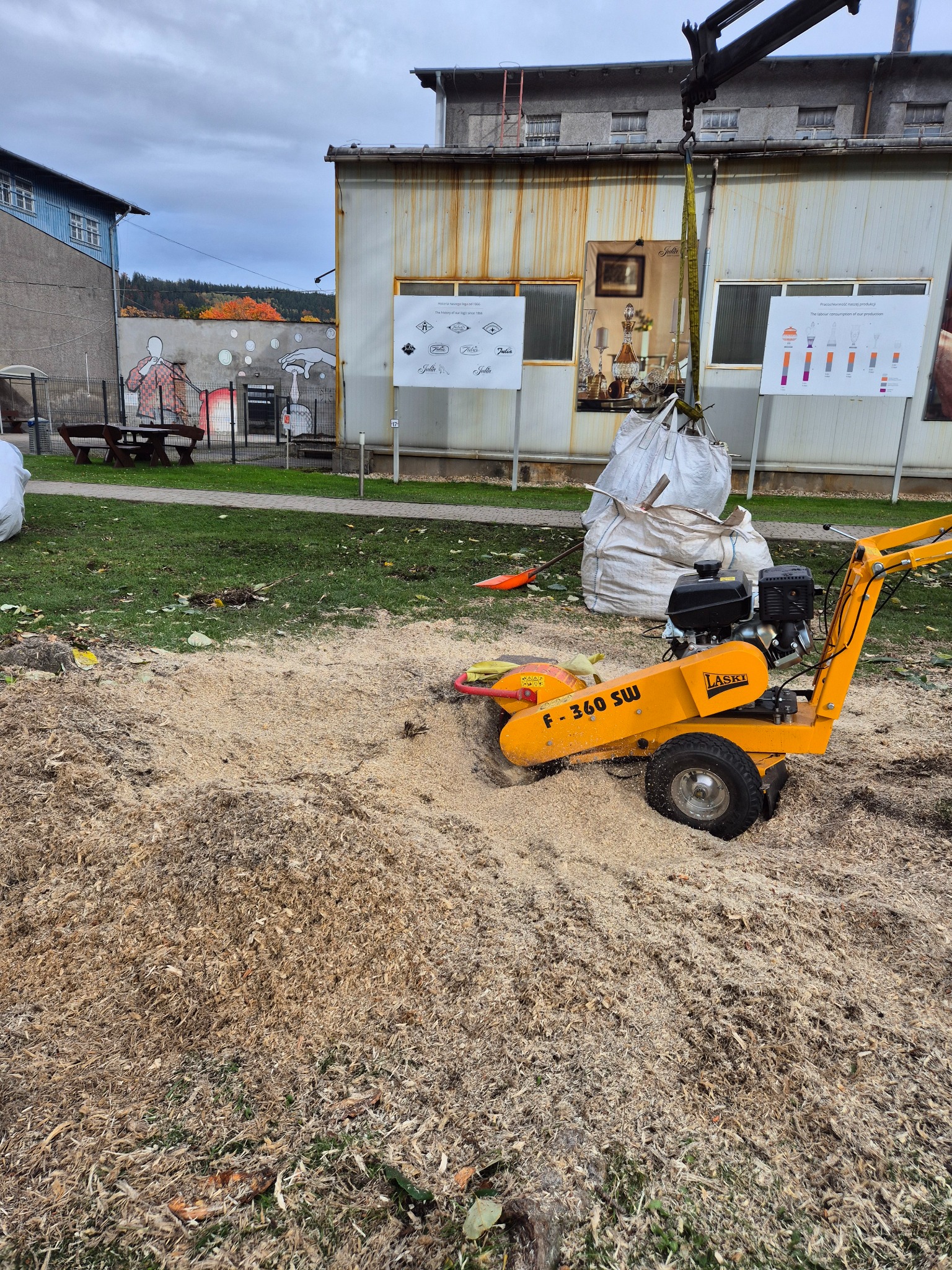 Żółta frezarka do pni Laski F-360 SW otoczona wiórami na trawniku, z budynkiem w tle. W tle widoczny mural i podnoszony dźwigiem worek z odpadami.