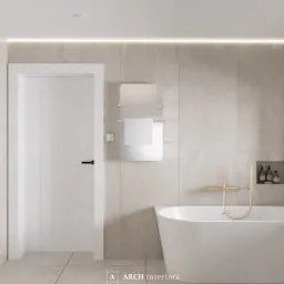 Minimalistyczna łazienka w odcieniach beżu z wolnostojącą wanną, złotą armaturą, ukrytą półką na kosmetyki i podświetleniem LED nad drzwiami.