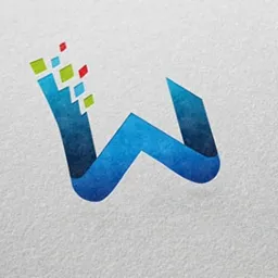 Eleganckie logo w kształcie litery W, gradient od ciemnego do jasnego błękitu, z pikselami w kolorach czerwonym i zielonym, sugerujące nowoczesność i technologię, na teksturowanym tle.