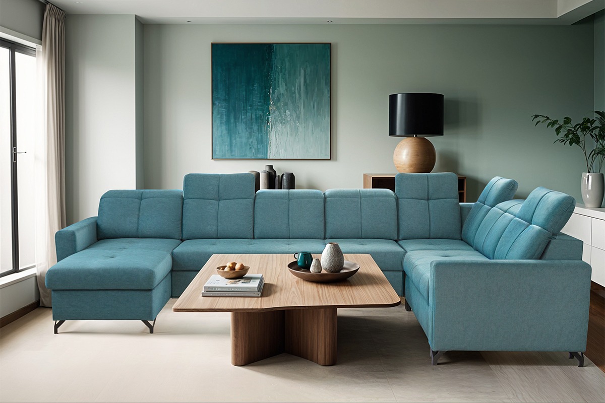 Turkusowy narożnik z funkcją relaks, ustawiony w salonie w Łękawicy. Na drewnianym stoliku dekoracje. Obraz na ścianie w odcieniach błękitu i zieleni.