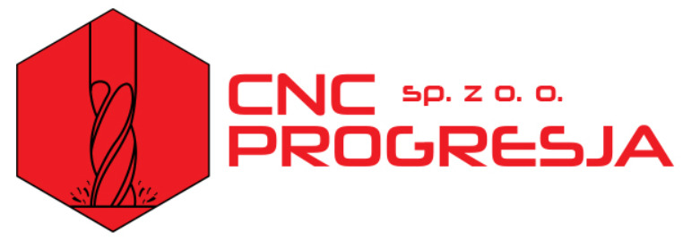Czerwone logo firmy CNC PROGRESJA sp. z o.o. z ilustracją frezu w heksagonie.