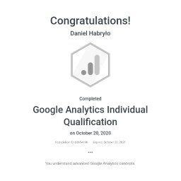 Certyfikat znajomości Google Analytics (co roku nieprzerwanie przeze mnie odnawiany)