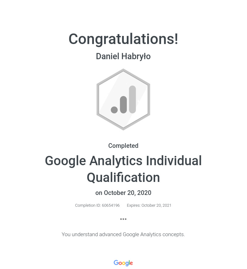 Certyfikat znajomości Google Analytics (co roku nieprzerwanie przeze mnie odnawiany)