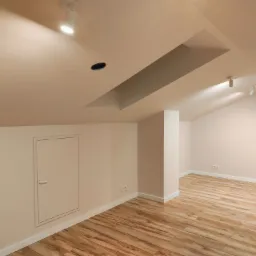 Poddasze z drewnianą podłogą, świeżo pomalowane ściany w jasnym odcieniu, oświetlenie punktowe na suficie, widoczne gniazdka elektryczne i ukryte drzwi rewizyjne.
