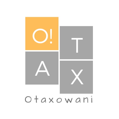 Logo firmy 'O!TAXowani' przedstawiające cztery kwadraty: żółty z białym 'O!', dwa szare z białymi literami 'A' i 'T', oraz szary z białym 'X'. Nazwa firmy zapisana szarym fontem poniżej.