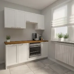 Jasna, nowoczesna kuchnia z białymi szafkami i drewnianym blatem, oświetlona naturalnym światłem z okna z roletami rzymskimi.