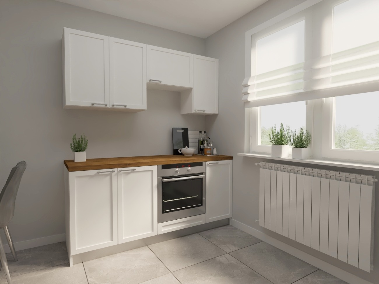 Jasna, nowoczesna kuchnia z białymi szafkami i drewnianym blatem, oświetlona naturalnym światłem z okna z roletami rzymskimi.