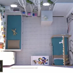 Wizualizacja pokoju dziecięcego z dwoma łóżkami, jednym z baldachimem i drugim z półkami na zabawki, utrzymana w jasnej kolorystyce z motywem drzew na ścianach.