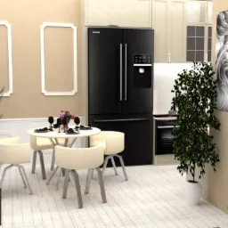 Wizualizacja jadalni w Wejherowie z okrągłym stołem, beżowymi krzesłami, czarną lodówką i dekoracjami ściennymi, w tym abstrakcyjnym obrazem i białymi ramkami.