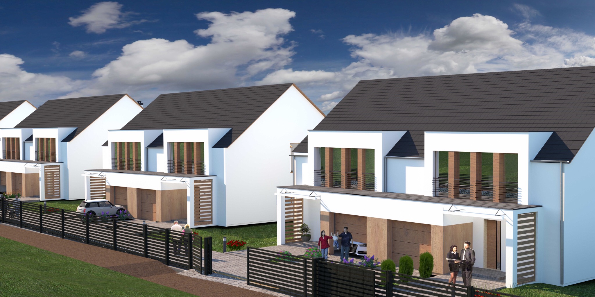 Wizualizacja szeregu nowoczesnych domów jednorodzinnych z garażami, z czarnymi dachami i białymi elewacjami, otoczonych zielenią i niskim ogrodzeniem, z postaciami ludzi w różnych miejscach.