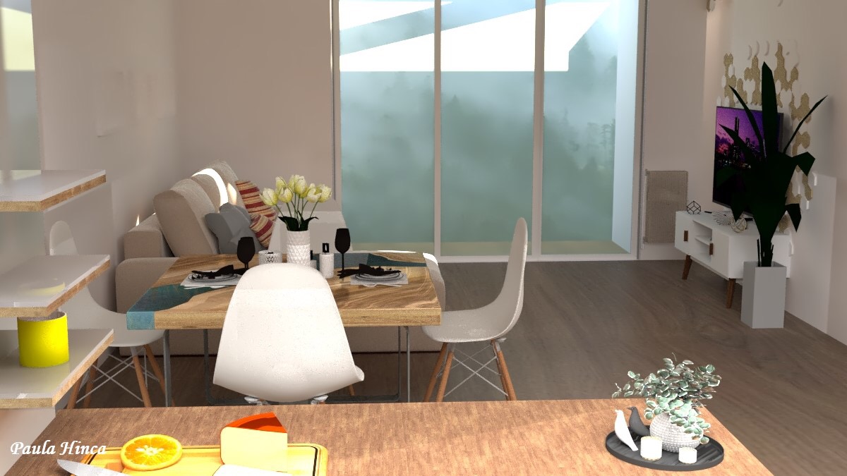 Wizualizacja jadalni z drewnianym stołem z żywicą, białymi krzesłami, sofą w tle i dekoracjami roślinnymi, widok z perspektywy kuchni z deską do krojenia i owocami.