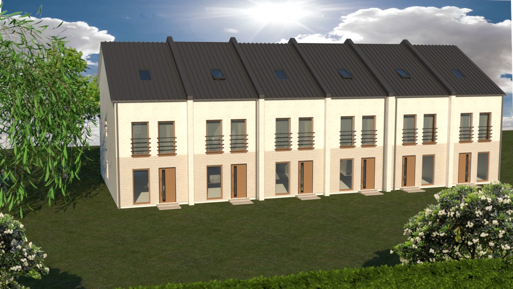 Wizualizacja szeregu domów jednorodzinnych z płaskimi dachami, dwukondygnacyjnych, z balkonami, otoczonych zielenią i drzewami, w słoneczny dzień.