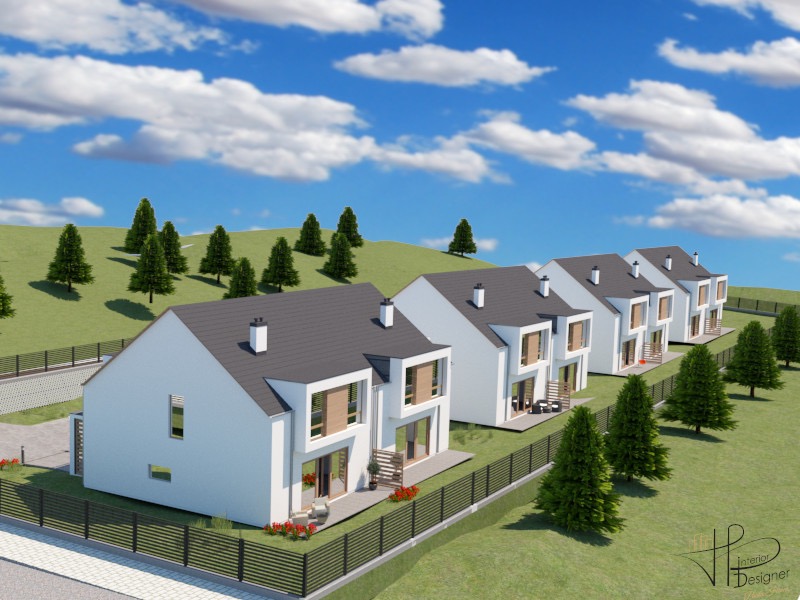Wizualizacja szeregu nowoczesnych domów jednorodzinnych z płaskimi dachami, otoczonych zielenią i ogrodzeniem z metalowych paneli, na tle błękitnego nieba z chmurami.