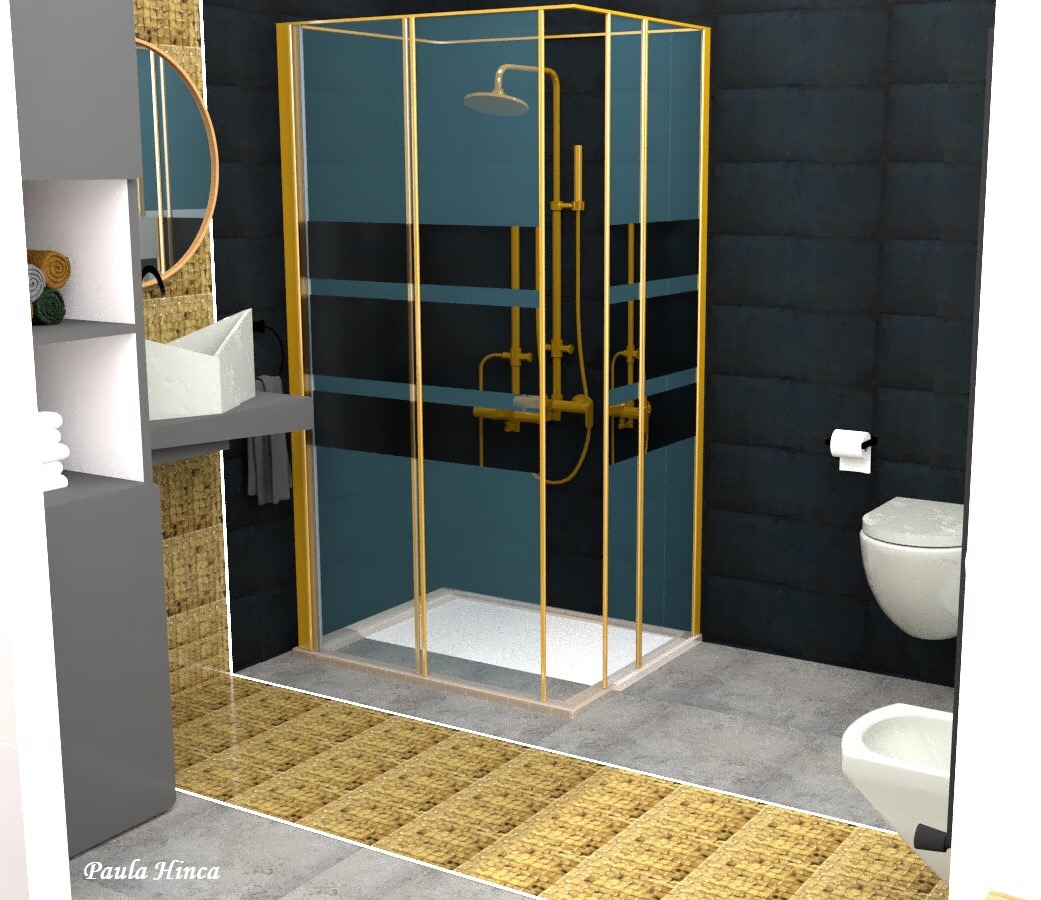 Wizualizacja łazienki z kabiną prysznicową w złotej ramie, umywalką nablatową i toaletą wiszącą, na podłodze płytki imitujące mozaikę.