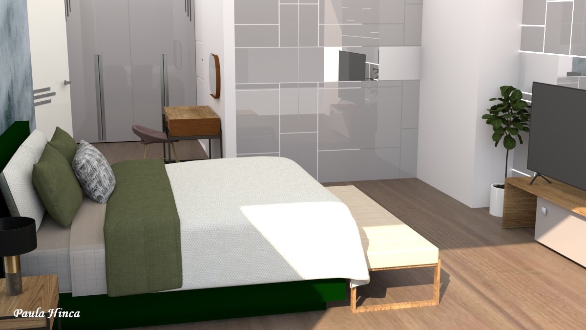 Wizualizacja sypialni z łóżkiem z zielonym zagłówkiem i narzutą, biurkiem przy ścianie, telewizorem na komodzie i rośliną doniczkową.