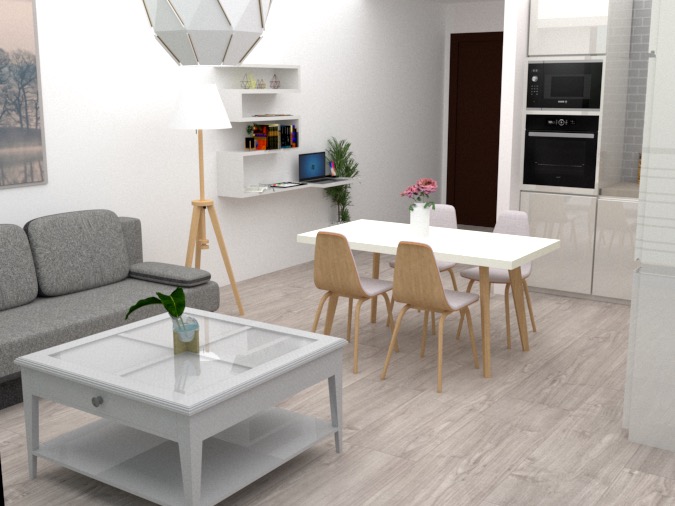 Jasne wnętrze z szarą sofą, stolikiem kawowym z rośliną, białym stołem jadalnym z drewnianymi krzesłami oraz minimalistyczną kuchnią w tle, oświetlone lampą stojącą z dużym abażurem.