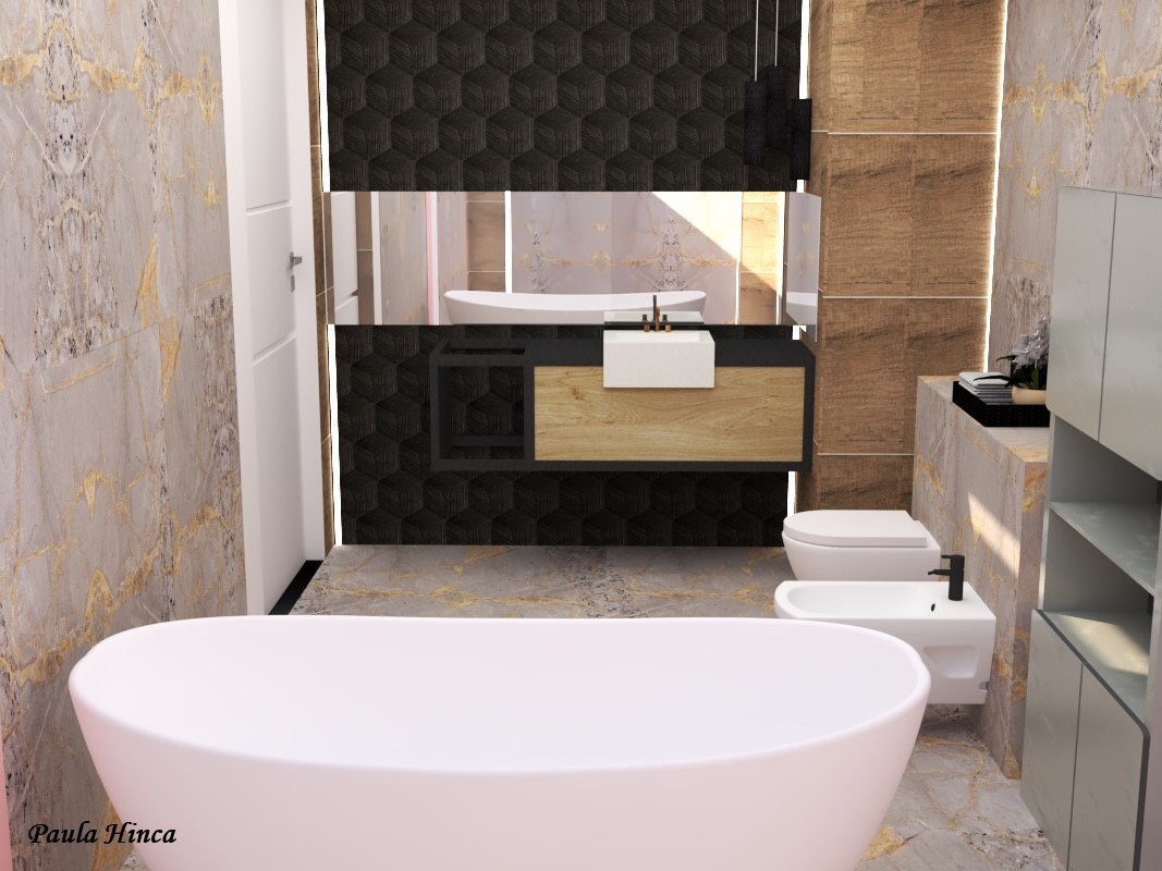 Wizualizacja nowoczesnej łazienki z wolnostojącą wanną, umywalką na drewnianej szafce, toaletą i bidetem, wykończonej marmurowymi płytkami i czarną ścianą z geometrycznym wzorem.