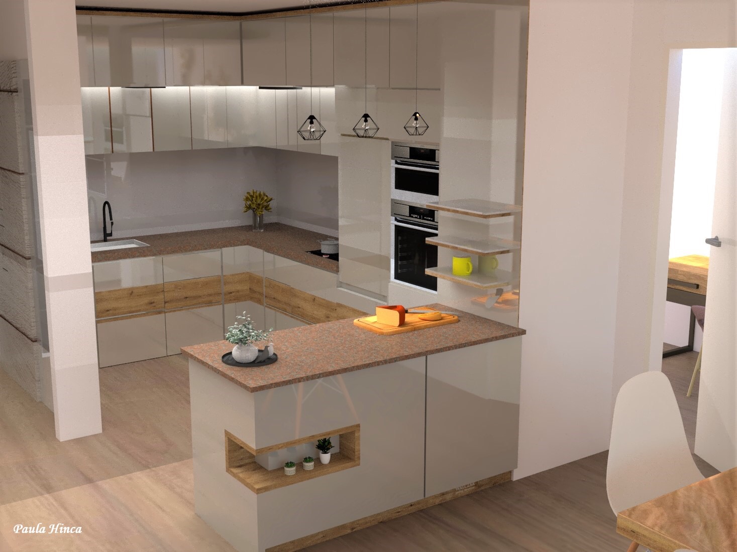 Wizualizacja nowoczesnej kuchni z wyspą, jasne lakierowane fronty, drewniane akcenty, oświetlenie punktowe, dekoracje roślinne na wyspie i półkach, widoczne urządzenia AGD.