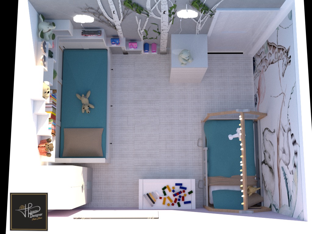 Wizualizacja pokoju dziecięcego z dwoma łóżkami, jednym z baldachimem i drugim z półkami na zabawki, utrzymana w jasnej kolorystyce z motywem drzew na ścianach.