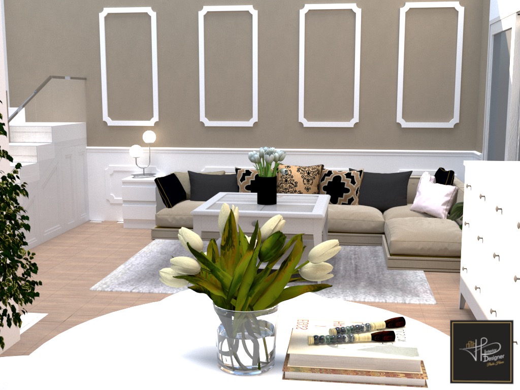 Wizualizacja salonu z narożną sofą w odcieniach beżu, białym stolikiem kawowym, dekoracyjnymi ramami na ścianie i bukietem białych tulipanów na pierwszym planie, leżącymi na książkach z ozdobnymi...