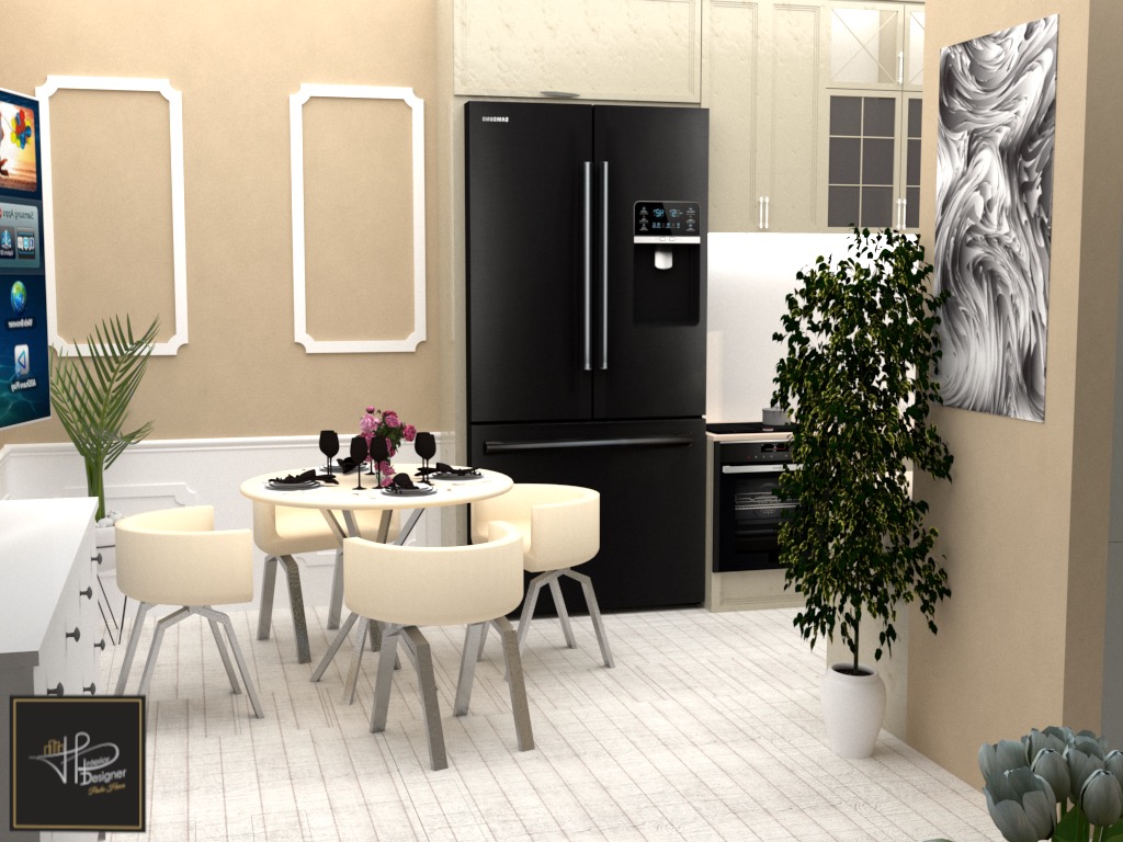 Wizualizacja jadalni w Wejherowie z okrągłym stołem, beżowymi krzesłami, czarną lodówką i dekoracjami ściennymi, w tym abstrakcyjnym obrazem i białymi ramkami.