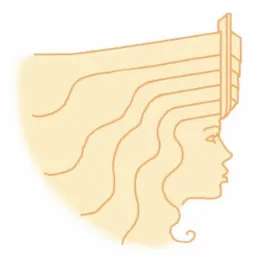 Stylizowany rysunek profilu kobiety z fryzurą przypominającą starożytny Egipt, wykonany w odcieniach beżu i pomarańczu.