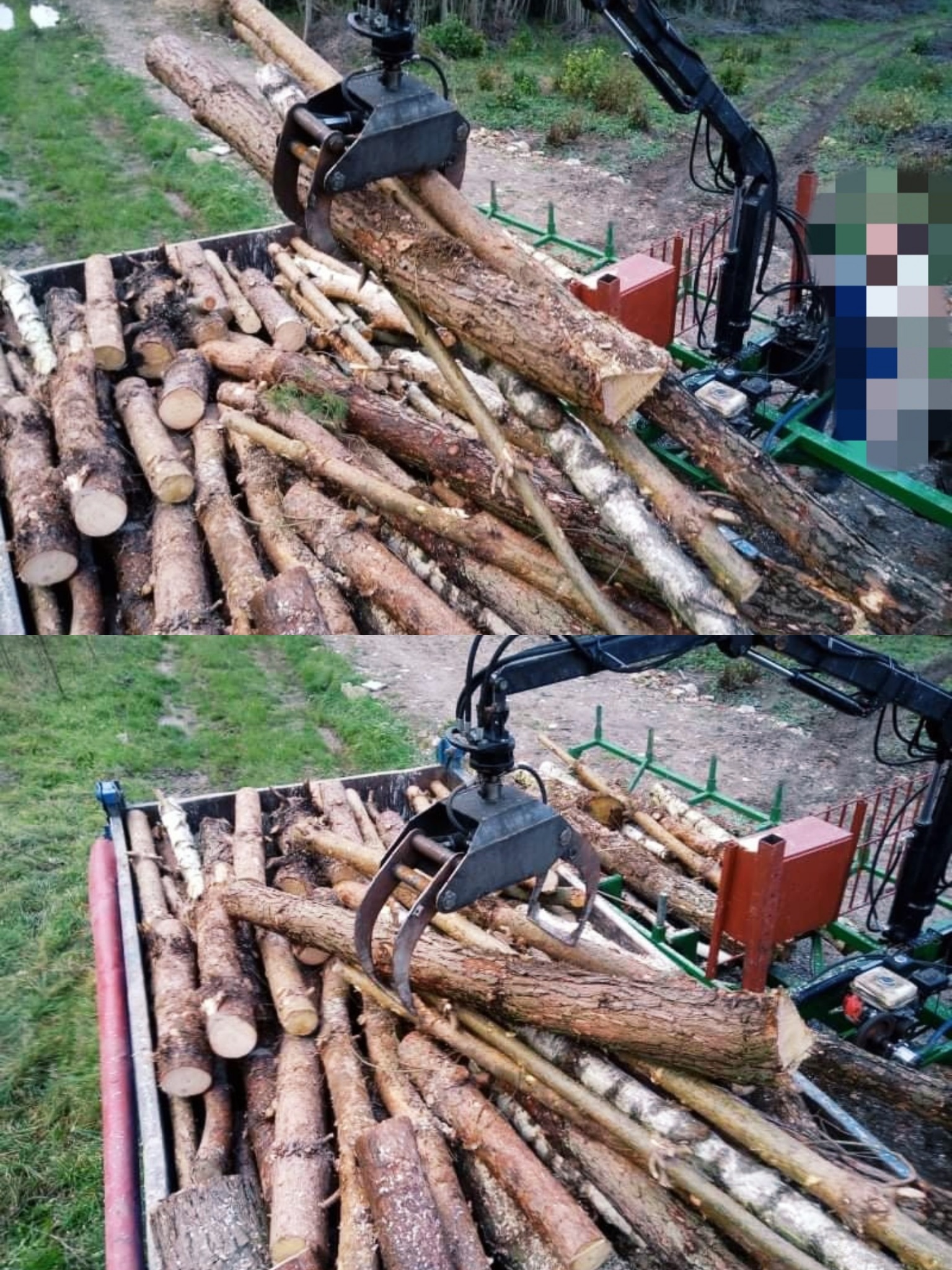 Załadunek pociętych pni drzew za pomocą mechanicznej chwytarki na przyczepę; widoczny stos pociętego drewna i fragment zielonego terenu w tle.