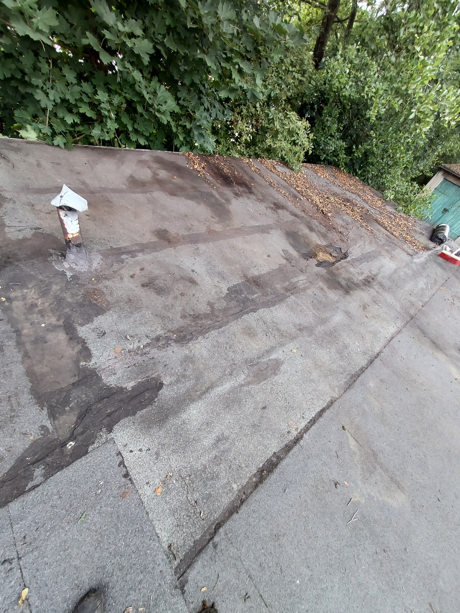 Płaski dach pokryty papą, z widocznymi śladami wilgoci, liśćmi i wystającym kominkiem wentylacyjnym, na tle zieleni drzew.