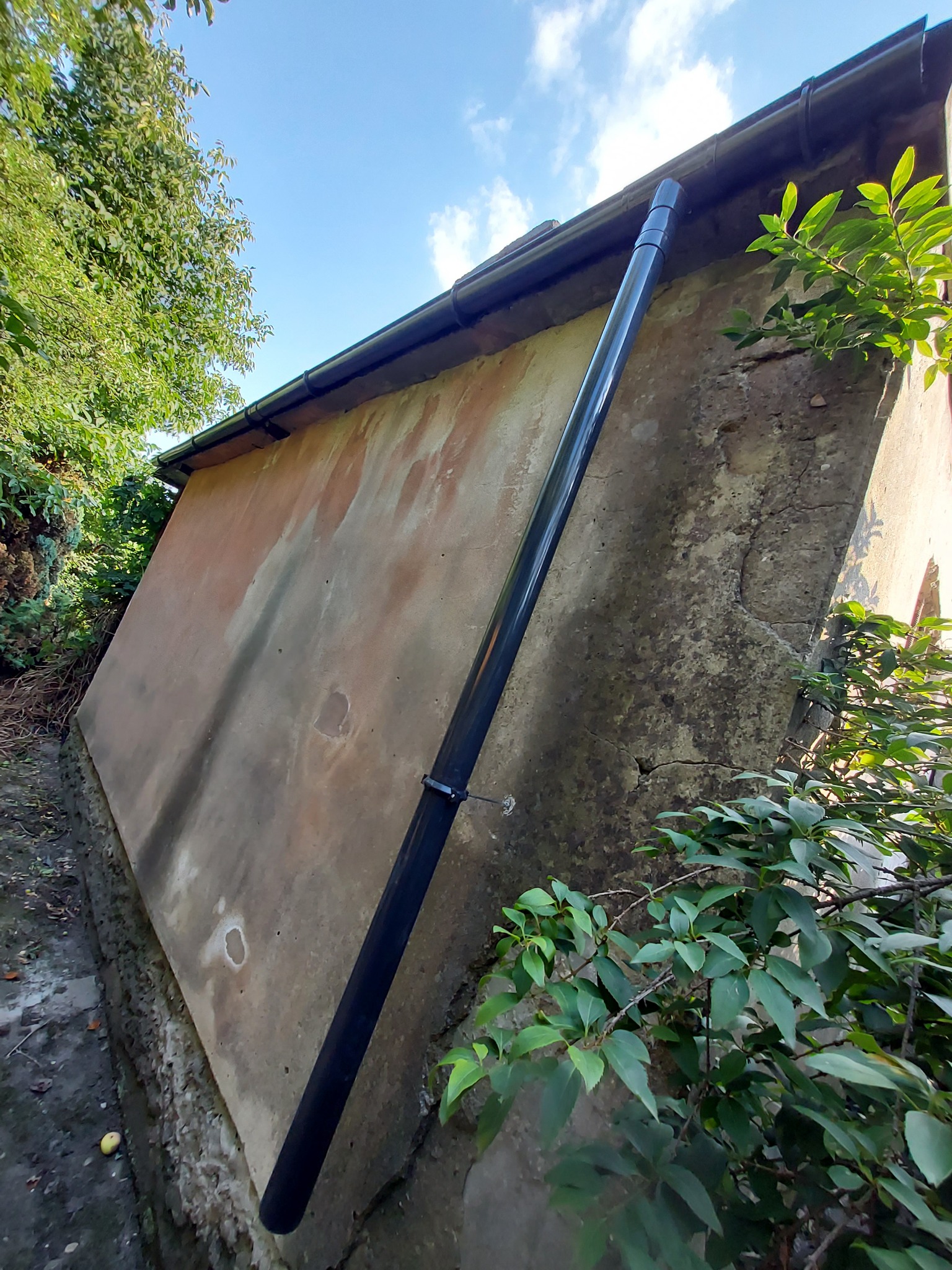 Czarna rynna spustowa zamontowana na bocznej ścianie budynku z widoczną elewacją i zielenią