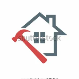 Stylizowany symbol domu z oknami, obok którego znajduje się czerwony młotek.