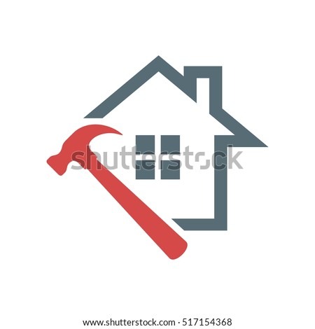 Stylizowany symbol domu z oknami, obok którego znajduje się czerwony młotek.