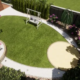 Widok z góry na starannie zaprojektowany ogród z białym, drewnianym huśtawką, ścieżkami z białego żwiru, okrągłym placem z jasnym piaskiem, kwitnącym drzewem z różowymi kwiatami i nowoczesnym...