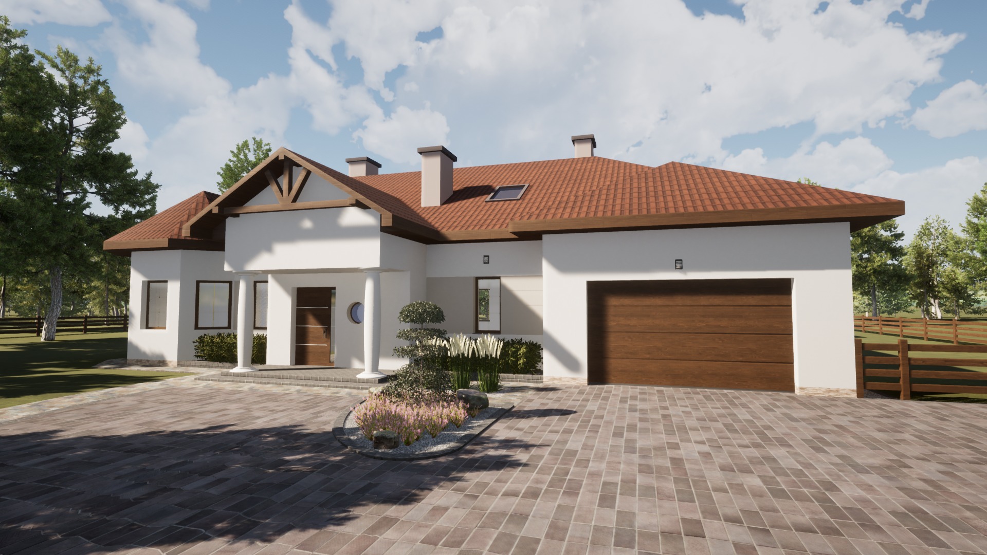 Wizualizacja parterowego domu jednorodzinnego z brązowym dachem, drewnianą bramą garażową i ozdobnym klombem przed wejściem, otoczonego zielenią.