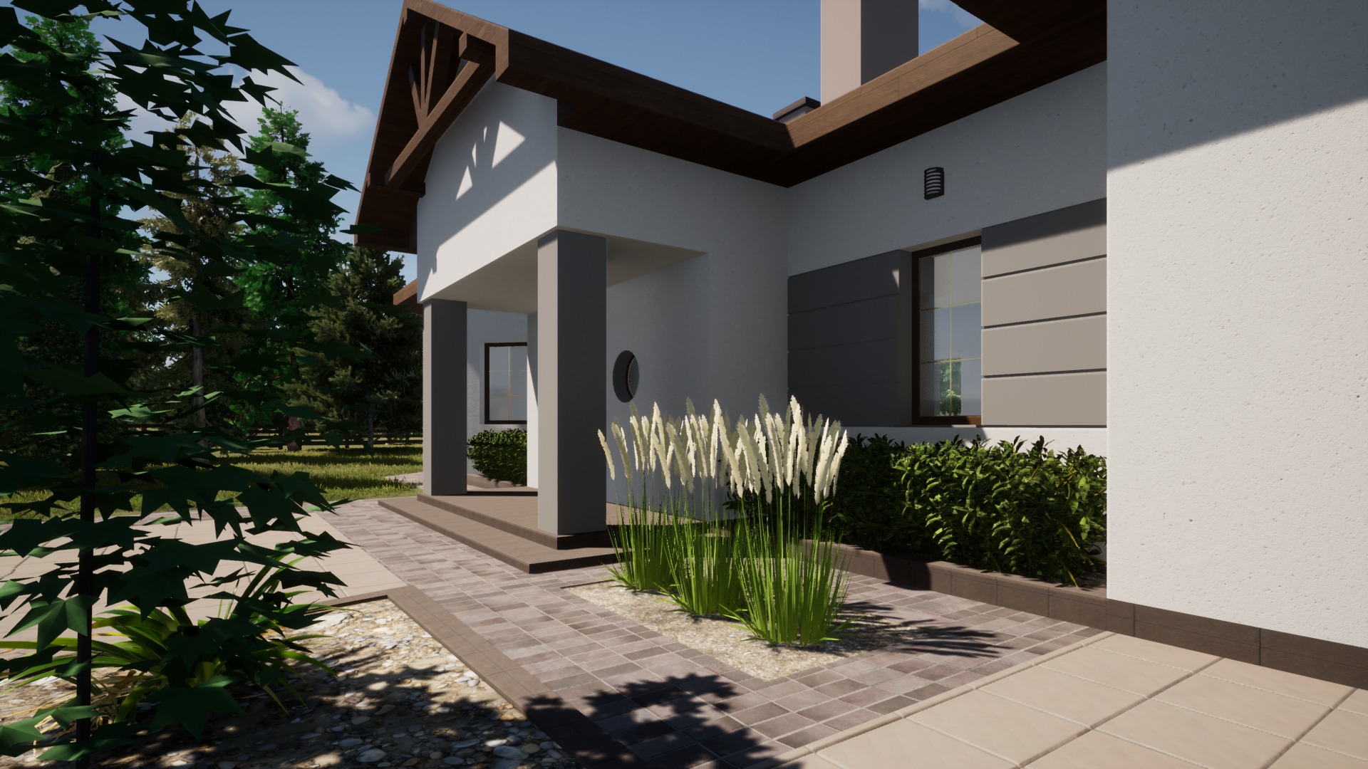 Wizualizacja nowoczesnego domu jednorodzinnego z elementami architektury krajobrazu: pampasowa trawa ozdobna, krzewy, trawnik. Widoczny fragment elewacji z oknem i wejście z kolumnami.
