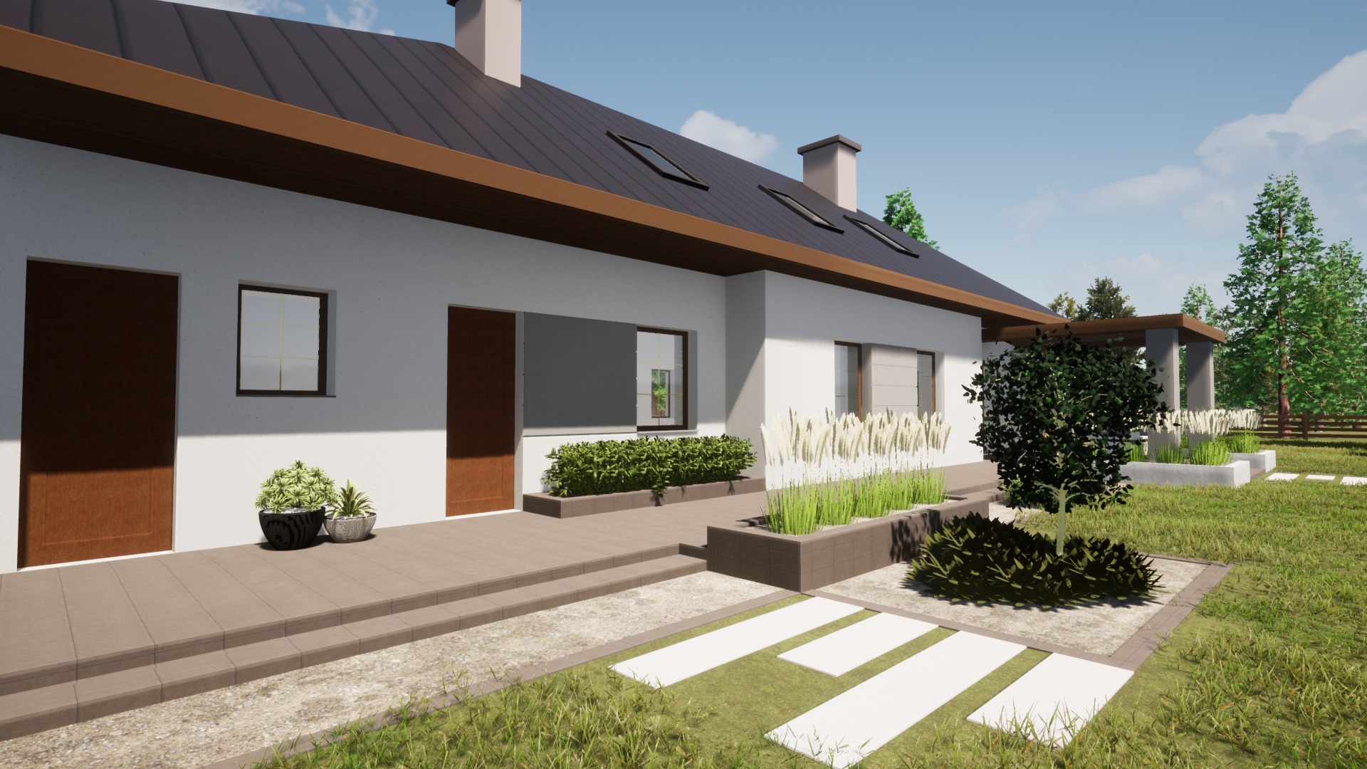 Wizualizacja domu jednorodzinnego z ogrodem, biała elewacja, ciemny dach z lukarnami, minimalistyczne rabaty z trawami ozdobnymi i niskimi krzewami, ścieżka z białych płyt.