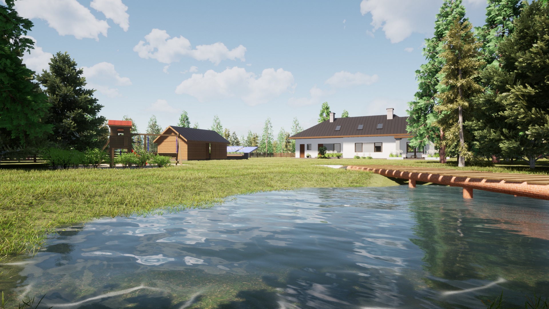 Wizualizacja projektu zagospodarowania terenu w Rzeszowie: dom jednorodzinny z ogrodem, placem zabaw dla dzieci i drewnianym mostkiem nad stawem.