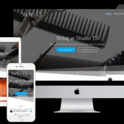 Responsywna strona internetowa salonu fryzjerskiego Studio 13, wyświetlana na monitorze, tablecie i smartfonie, z motywem fryzjerskim w tle.