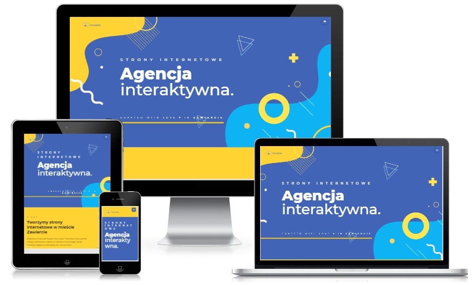 Responsywny projekt strony internetowej wyświetlony na monitorze, laptopie, tablecie i smartfonie, utrzymany w kolorystyce niebiesko-żółtej z geometrycznymi elementami dekoracyjnymi i hasłem...