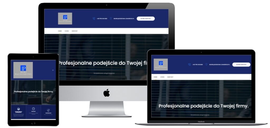 Responsywna strona internetowa wyświetlana na monitorze, laptopie i tablecie, z niebieskim nagłówkiem i logo firmy 'IP Rachunkowe'.