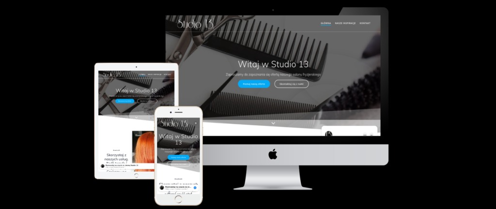 Responsywna strona internetowa salonu fryzjerskiego Studio 13, wyświetlana na monitorze, tablecie i smartfonie, z motywem fryzjerskim w tle.