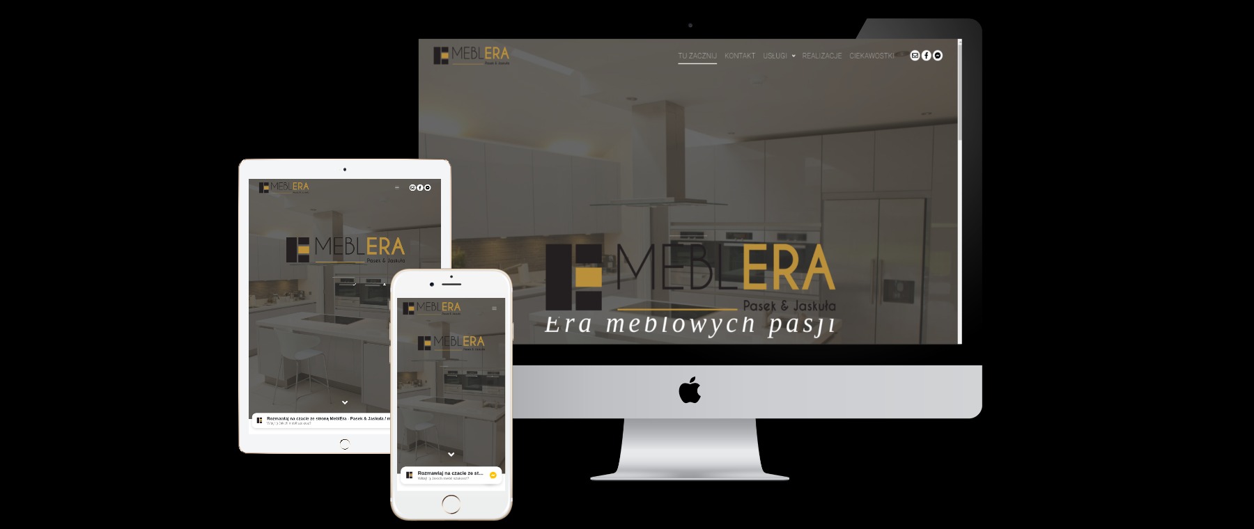 Prezentacja responsywnej strony internetowej firmy meblarskiej 'MEBLERA' na monitorze, tablecie i smartfonie, ukazująca aranżację kuchni w minimalistycznym stylu.