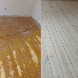 WB Parkiety - Renowacja starej podłogi sosnowej. Przed farba olejna, po olejowosk biały.