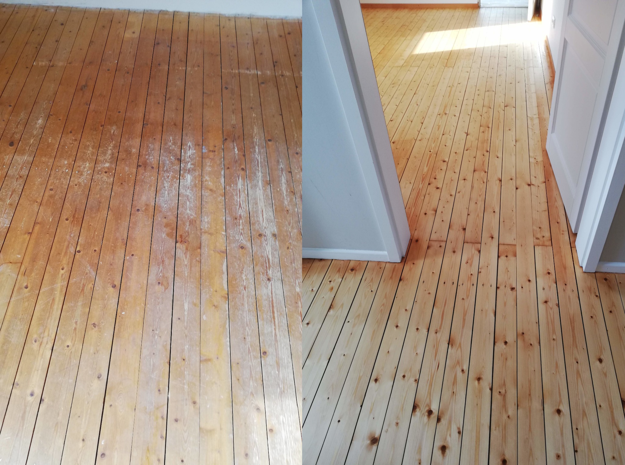 Podłoga świerkowa. Przed lakier, po renowacji olejowosk.