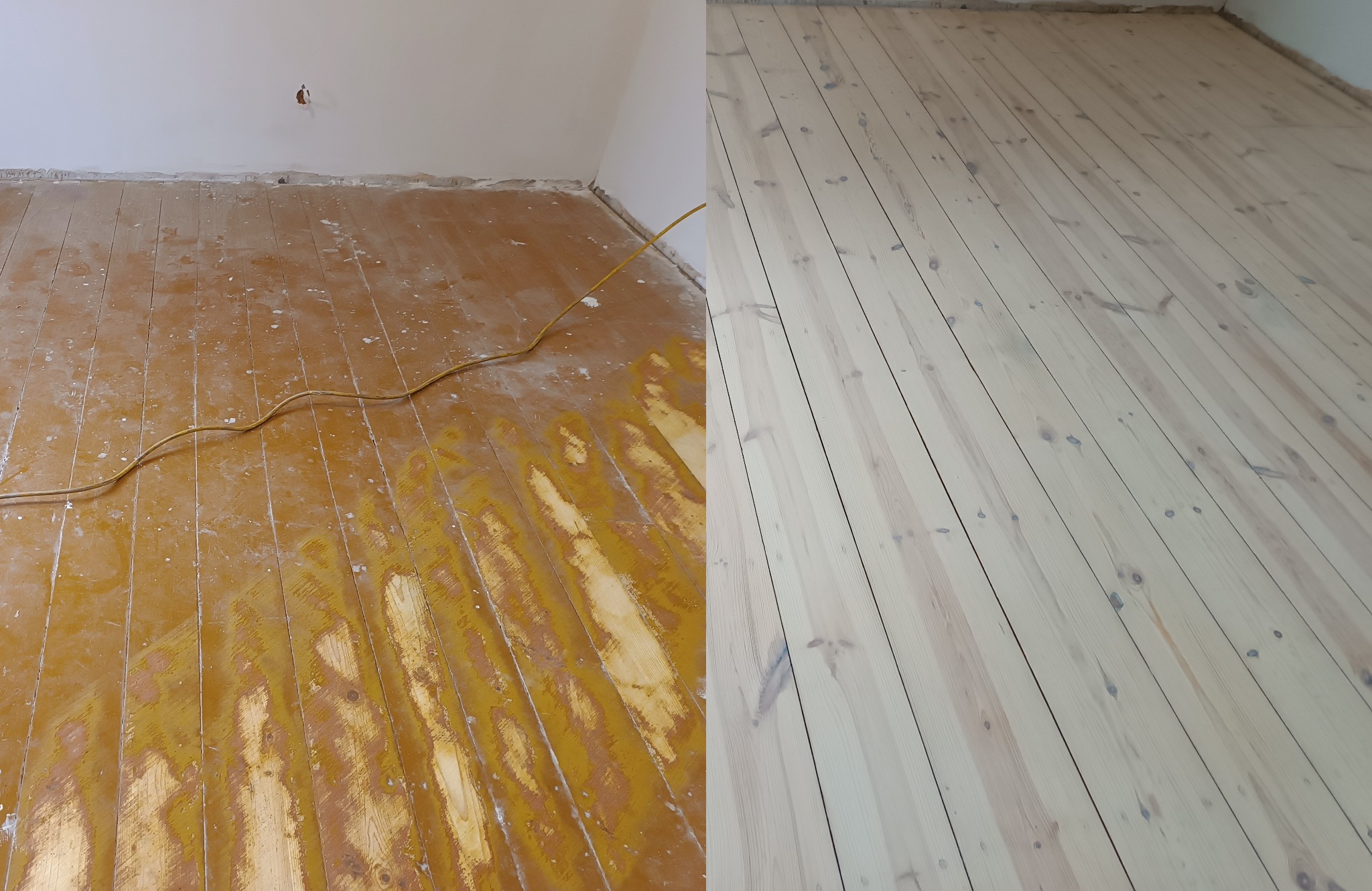 Renowacja starej podłogi sosnowej. Przed farba olejna, po olejowosk biały.