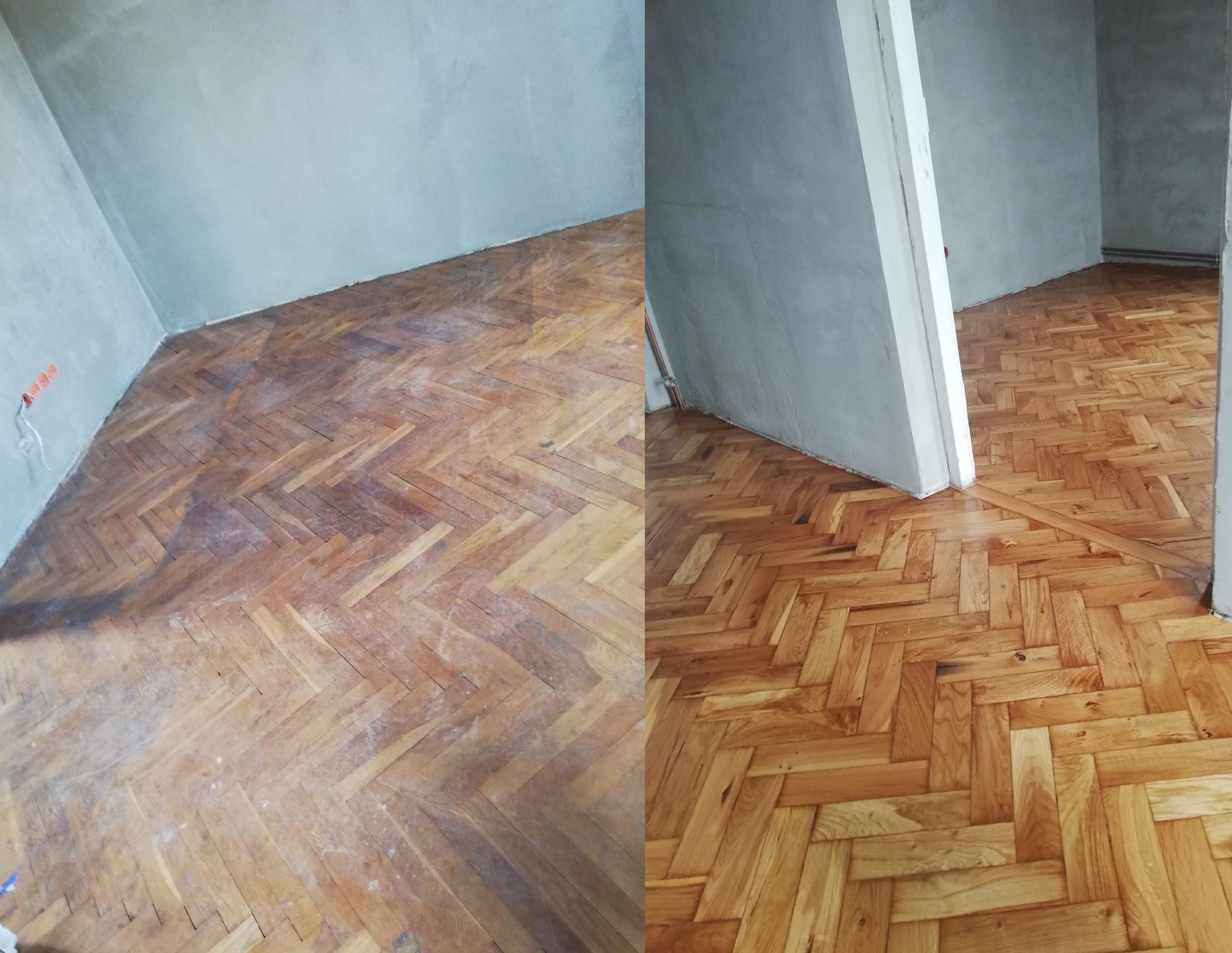 Renowacja parkietu dębowego lakierowanego. Po renowacji olejowosk bezbarwny.